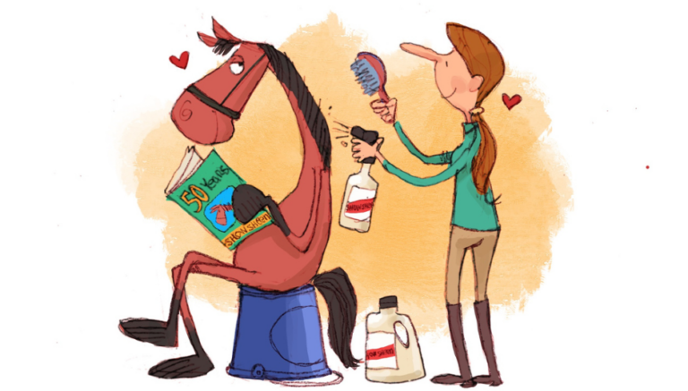 Cartoon image of a girl brushing her horse.